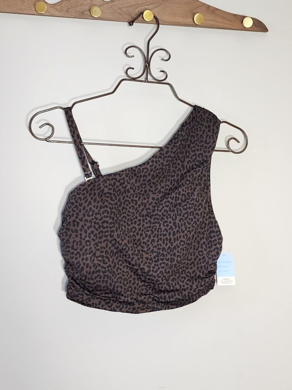 Lands’ End Brown Leopard One Shoulder Midkini + Swim Shorts Set NWT 8